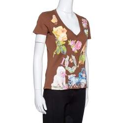 Dior Brown Logo Floral Print Cotton V-Neck Fitted T-Shirt L