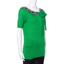 Dior Green Cashmere & Silk Knit Embellished Neck Top M