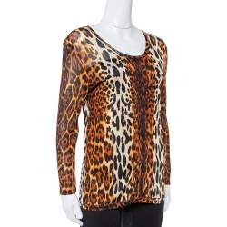 Dior Brown Leopard Print Knit Pleat Front Top L 