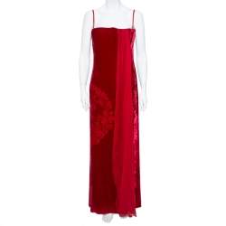 Pre Owned Christian Dior Boutique Red Devoré Velvet Chiffon Draped Gown XL
