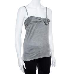 Pre Owned Dior Grey Silk Knit Floral Applique Detail Sleeveless Top S