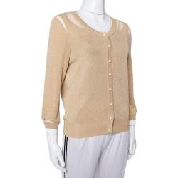 Pre Owned Christian Dior Gold Lurex Knit Bead Embellished Button Front Cardigan L