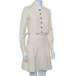 Christian Dior Cream Wool & Silk Collar Detail Pleated Belted Mini Dress S