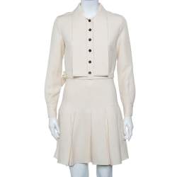 Christian Dior Cream Wool & Silk Collar Detail Pleated Belted Mini Dress S
