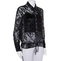 Pre Owned Christian Dior Vintage Black Devore Waist Tie Detail Button Front Shirt M