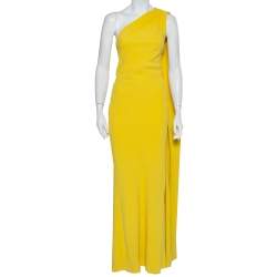 Christian Dior Yellow Crepe Trail Detail One Shoulder Maxi Dress S