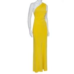 Christian Dior Yellow Crepe Trail Detail One Shoulder Maxi Dress S