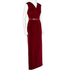 Pre Owned فستان كريستيان ديور ماكسي حزام تفاصيل فتحة قطيفة عنابي مقاس متوسط