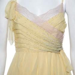 Pre Owned Christian Dior Yellow Embellished Silk Lace Detail Mini Dress S