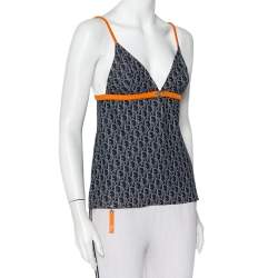 Pre Owned Christian Dior Vintage Navy Blue Logo Monogram Jersey Contrast Trim Camisole M