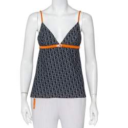 Pre Owned Christian Dior Vintage Navy Blue Logo Monogram Jersey Contrast Trim Camisole M