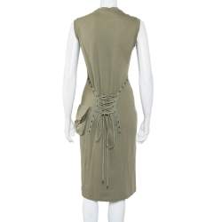 Pre Owned Christian Dior Green Cotton Knit Lace Up Detail Sleeveless Midi Dress L