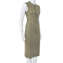 Pre Owned Christian Dior Green Cotton Knit Lace Up Detail Sleeveless Midi Dress L