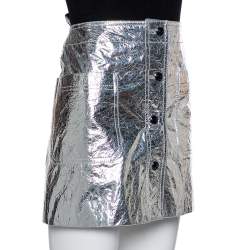 Christian Dior Metallic Silver Lambskin Button Front Mini Skirt S