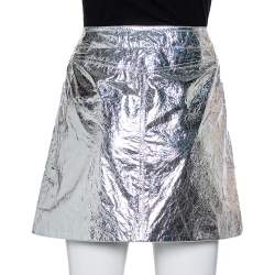 Christian Dior Metallic Silver Lambskin Button Front Mini Skirt S