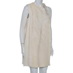 Pre Owned Christian Dior Cream Wool & Silk Sequin Embellished Cape Detail Shift Dress M