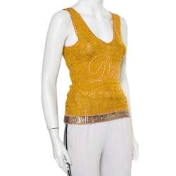 Christian Dior Mustard Yellow Knit Contrast Trim Sequin Detail Tank Top M