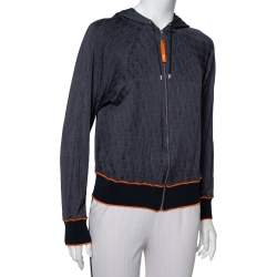 Pre Owned Christian Dior Navy Blue Oblique Patterned Jersey Zip Front Hooded Jacket M
