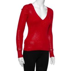 Pre Owned Christian Dior Vintage Red Textured Rib Knit Sweater M