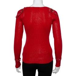 Pre Owned Christian Dior Vintage Red Textured Rib Knit Sweater M