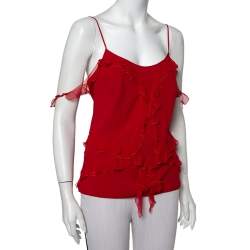 Pre Owned Christian Dior Vintage Red Silk Ruffle Detail Camisole L