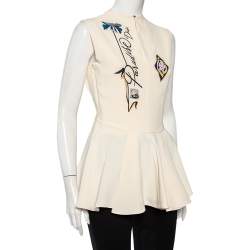 Pre Owned Christian Dior Cream Paradise Dior Printed Silk Sleeveless Peplum Top M