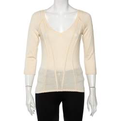 Pre Owned Christian Dior Cream Cashmere Scallop Detail Sweater Top M