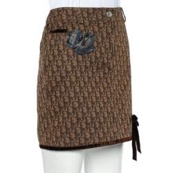 Pre Owned Christian Dior Brown Trotter Printed Denim Applique Detail Mini Skirt M