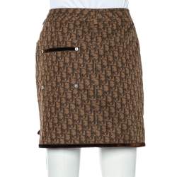 Pre Owned Christian Dior Brown Trotter Printed Denim Applique Detail Mini Skirt M