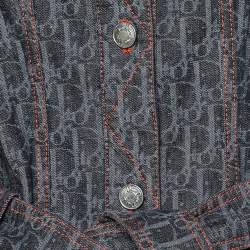 Pre Owned Christian Dior Navy Blue Trotter Patterned Denim Belted Coat L