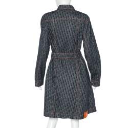 Pre Owned Christian Dior Navy Blue Trotter Patterned Denim Belted Coat L