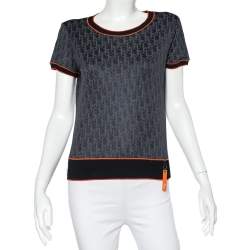 Pre Owned Christian Dior Navy Blue Trotter Patterned Jersey Contrast Detail T-Shirt L
