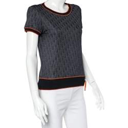 Pre Owned Christian Dior Navy Blue Trotter Patterned Jersey Contrast Detail T-Shirt L