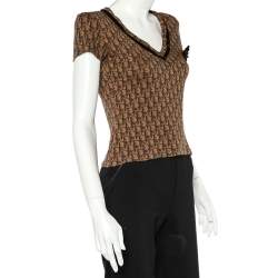 Christian Dior Brown Trotter Printed Cotton Bow Detail T-Shirt M