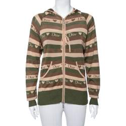 Pre Owned Christian Dior Brown Striped Logo Love Jacquard Hooded Sweatshirt M