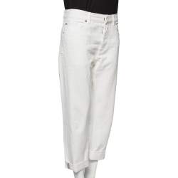 Pre Owned Dior White Distressed Denim Logo Selvedge Boyfriend Jeans L