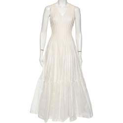 Dior Ivory Patterned Silk Knit Flared Sleeveless Gown S