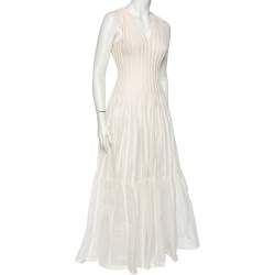 Dior Ivory Patterned Silk Knit Flared Sleeveless Gown S