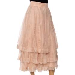 Pre Owned Dior Light Pink Silk Pleated Overlay Tiered Midi Skirt M