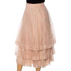 Pre Owned Dior Light Pink Silk Pleated Overlay Tiered Midi Skirt M