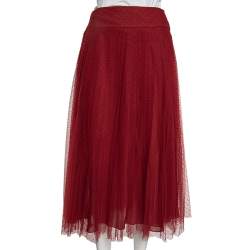 Pre Owned Christian Dior Red Polka Dot Tulle Pleated Midi Skirt M