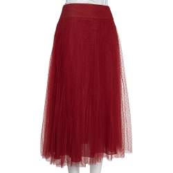 Pre Owned Christian Dior Red Polka Dot Tulle Pleated Midi Skirt M