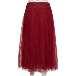 Pre Owned Christian Dior Red Polka Dot Tulle Pleated Midi Skirt M