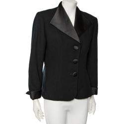 Dior Vintage Black Wool And Satin Trimmed Button Front Blazer L