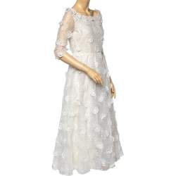 مملوكة مسبقًا Christian Dior White Embroidered Cotton Floral Applique Detail Dress M