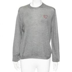 Pre Owned Dior Grey Cashmere Heart Logo Embroidered Long Sleeve Sweater L