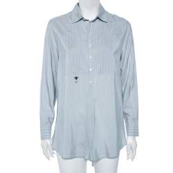 Pre Owned Dior Blue Silk Embroidered Bee Logo Detailed Buttoned Tunic S