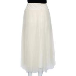 Pre Owned Dior Cream Textured Tulle Overlay Gathered Midi Skirt M