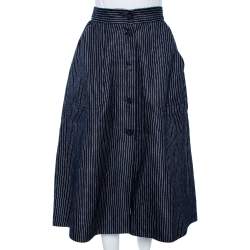 Pre Owned Dior Blue Striped Cotton Button Front Flared Skirt M