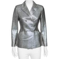 Christian Dior Metallic Lurex Herringbone Pattern Silk Double Breasted Blazer M